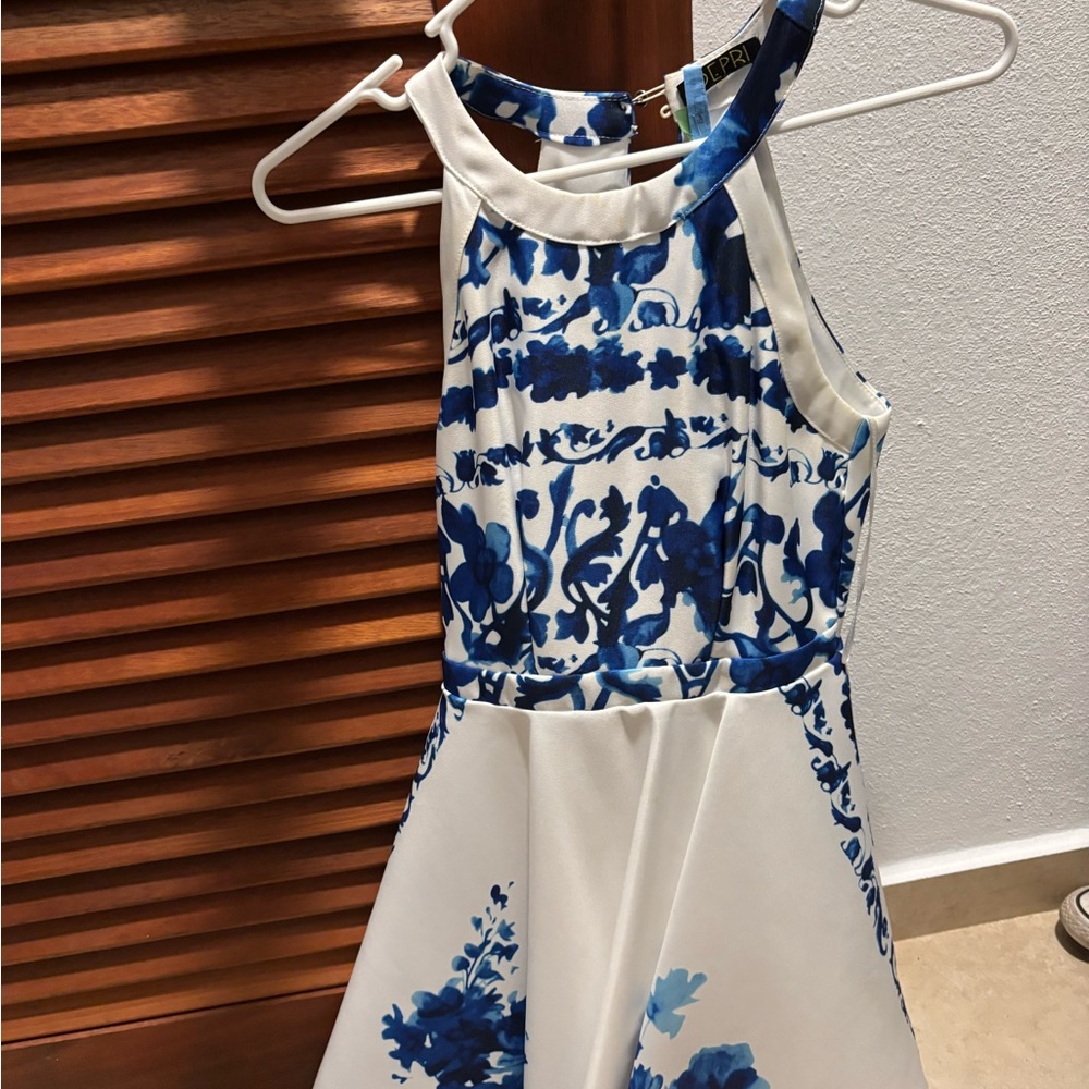 Blue and White Halter A-Line Sundress for Wedding Guest